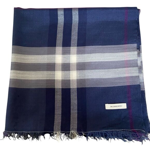 Burberry Scarf Rectangular 27x104” Blue Plaid Wool Silk Lightweight Designer - Picture 1 of 7